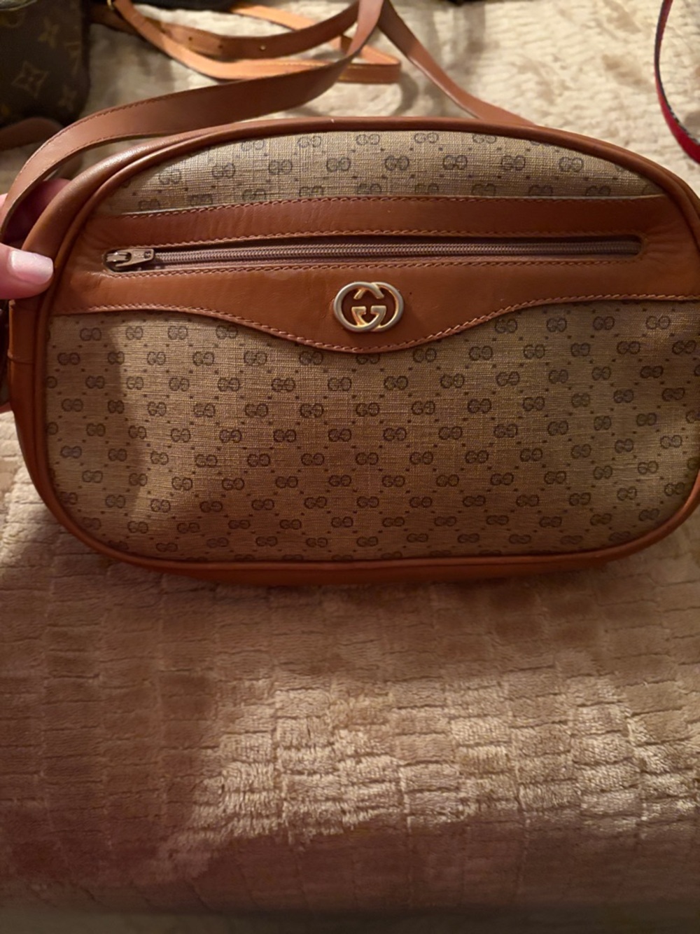 Gucci GG Monogram Canvas Camera Bag in Tan and Brown